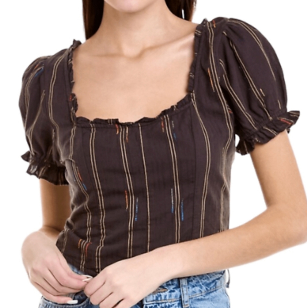 Free People Embroidered Top W/ Back Neck Tie & Smocking Detail